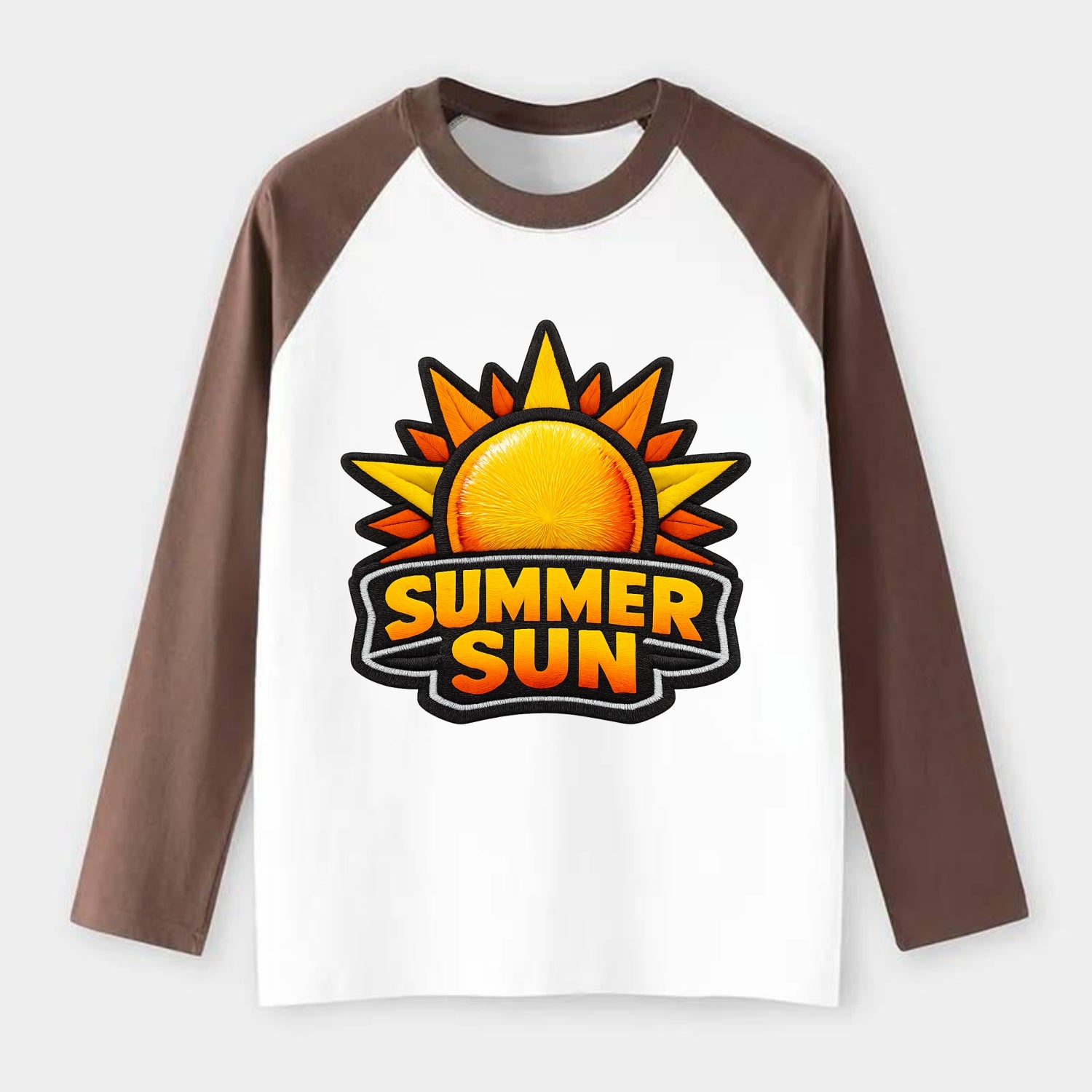 SUMMER SUN - bright sun with rays in yellow and orange , hot season - Raglan Long Sleeve T-Shirt - Coffee
