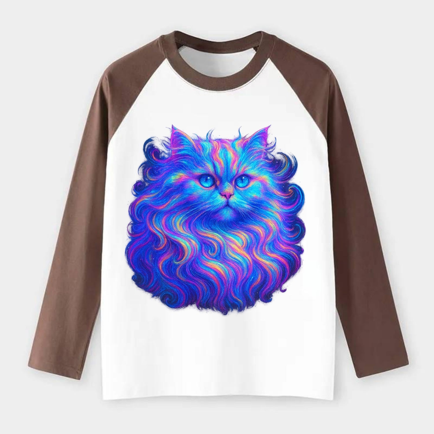 Luxurious Persian cat with flowing fur that refracts into rainbow - Raglan Long Sleeve T-Shirt - Coffee