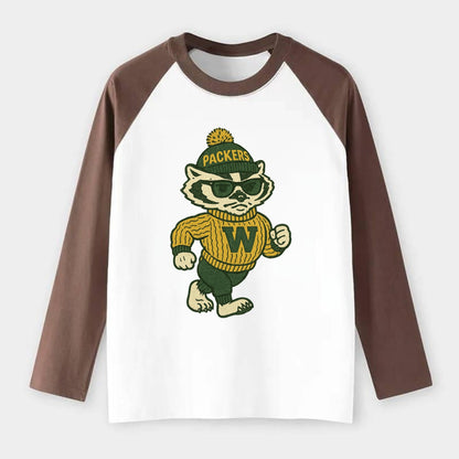 Wisconsin Badger wearing Packers green and gold beanie with pom pom - Raglan Long Sleeve T-Shirt - Coffee