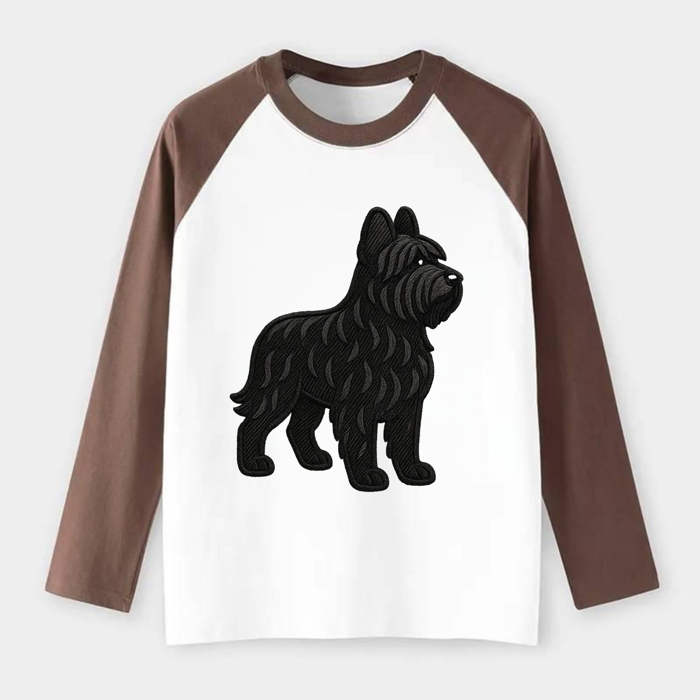 Briard - Black wavy coat embroidered herding pose - Raglan Long Sleeve T-Shirt - Coffee