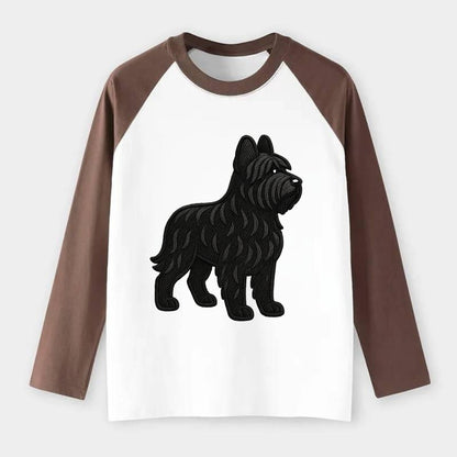 Briard - Black wavy coat embroidered herding pose - Raglan Long Sleeve T-Shirt - Coffee