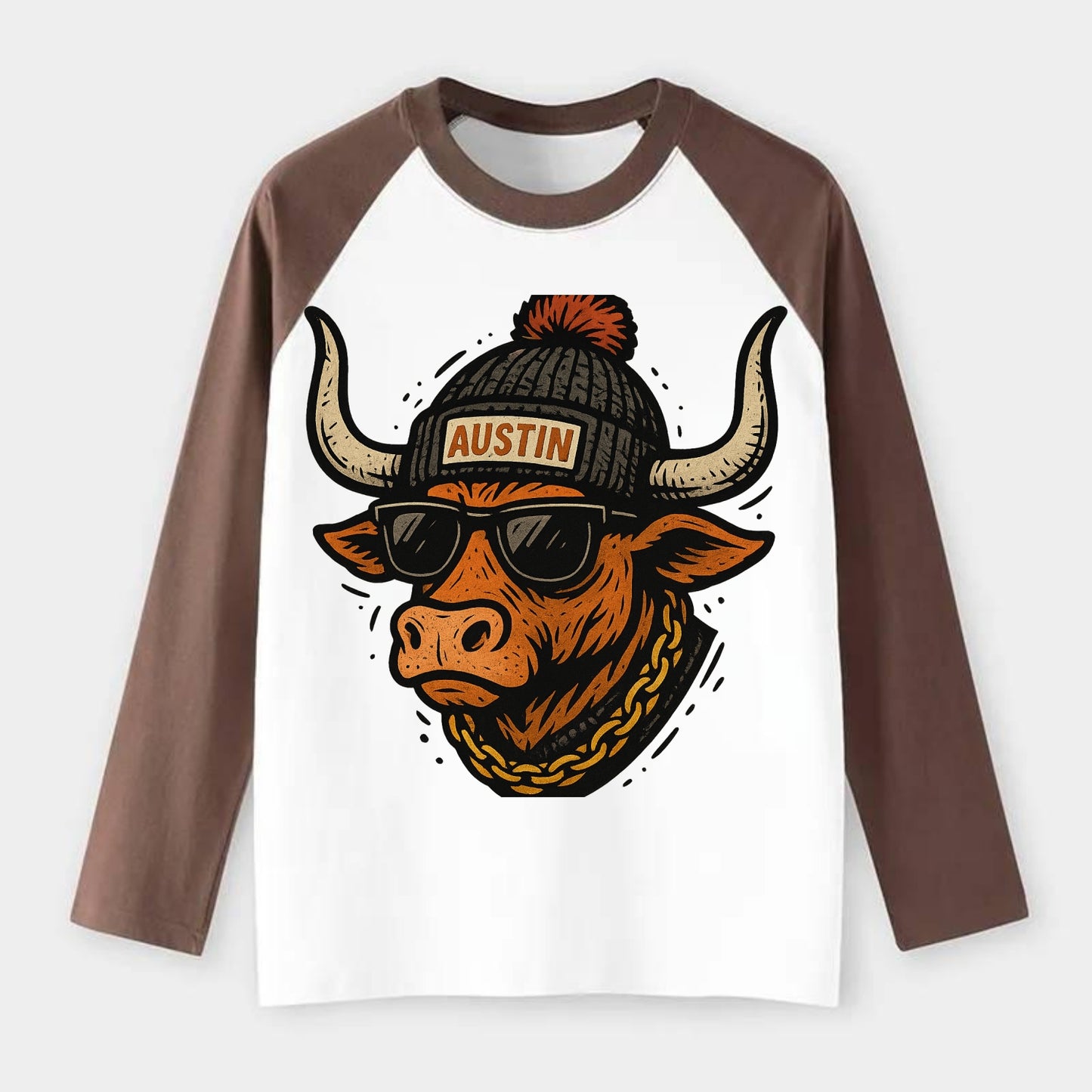 Texas Longhorn wearing Austin beanie with pom pom and wayfarer - Raglan Long Sleeve T-Shirt - Coffee