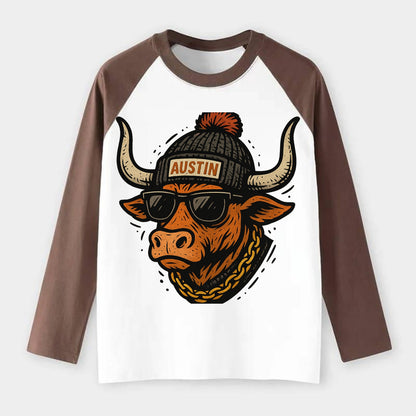 Texas Longhorn wearing Austin beanie with pom pom and wayfarer - Raglan Long Sleeve T-Shirt - Coffee