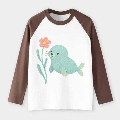 Mint Seal Pup - Raglan Long Sleeve T-Shirt - Coffee