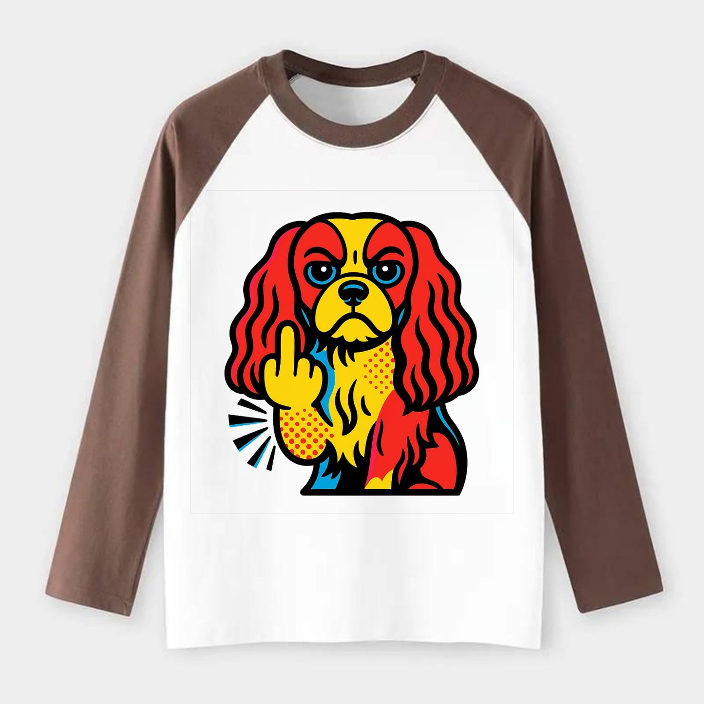 Cavalier King Charles Spaniel with long ears, regal paw giving finger - Raglan Long Sleeve T-Shirt - Coffee