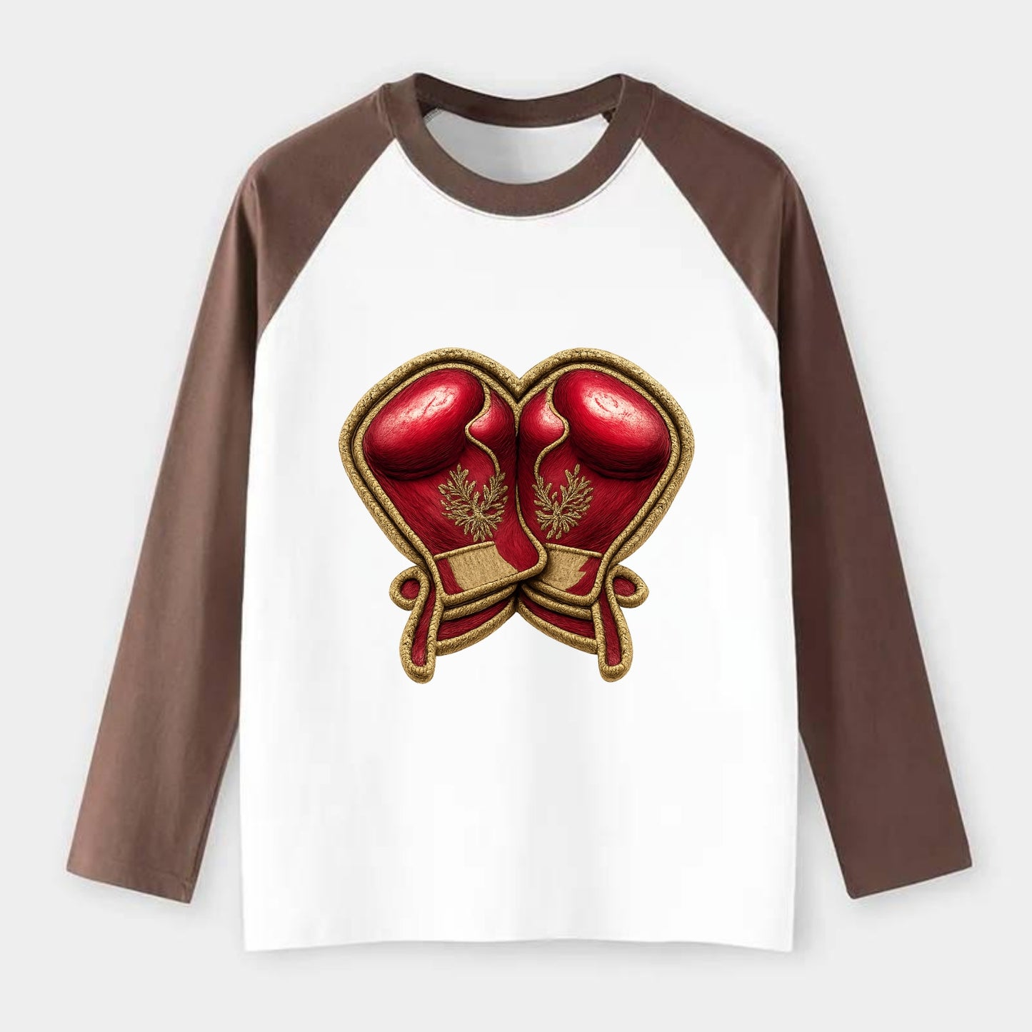Embroidered patch design - BOXING GLOVES - red boxing gloves crossed - Raglan Long Sleeve T-Shirt - Coffee