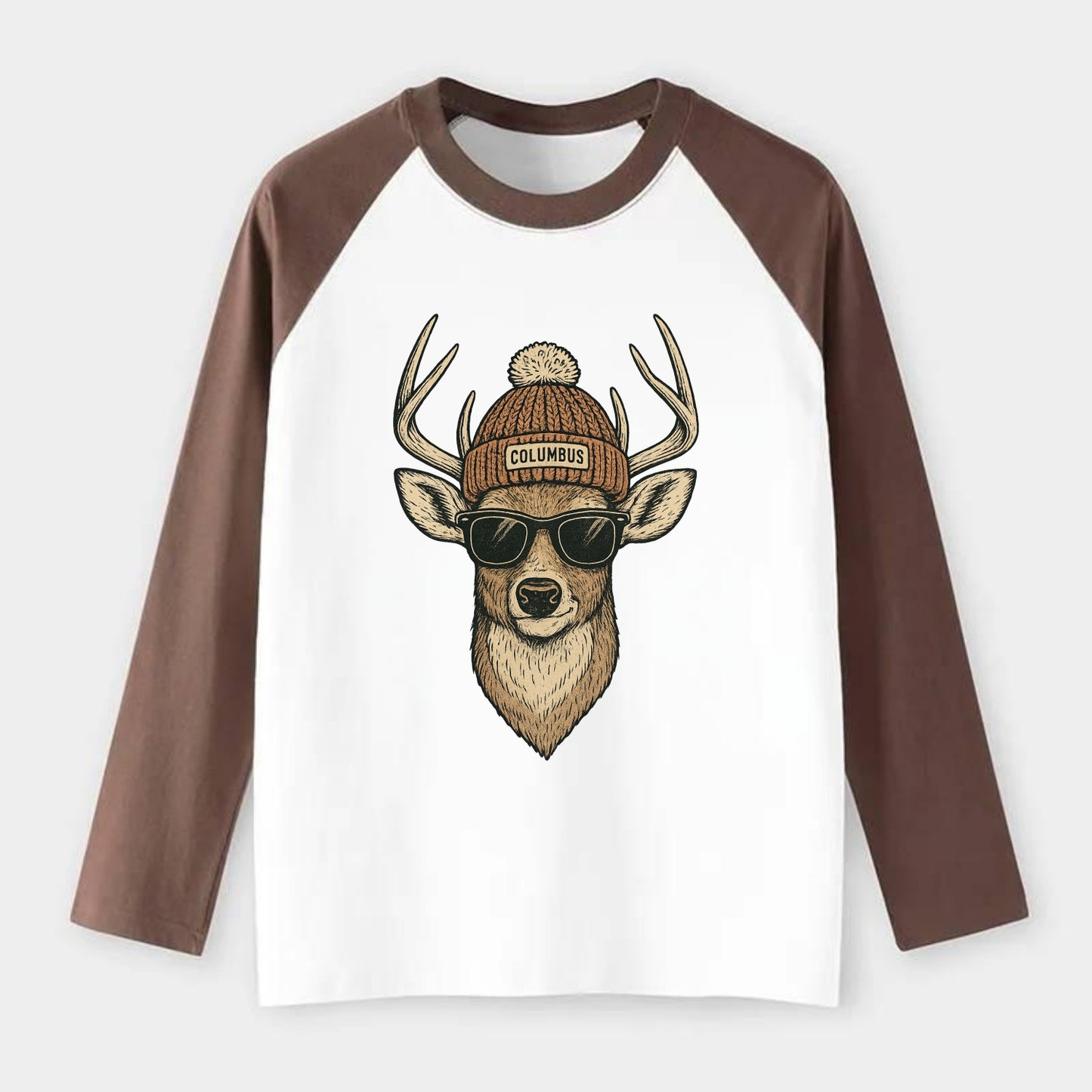 Ohio White-tailed Deer wearing Columbus beanie with pom pom and - Raglan Long Sleeve T-Shirt - Coffee