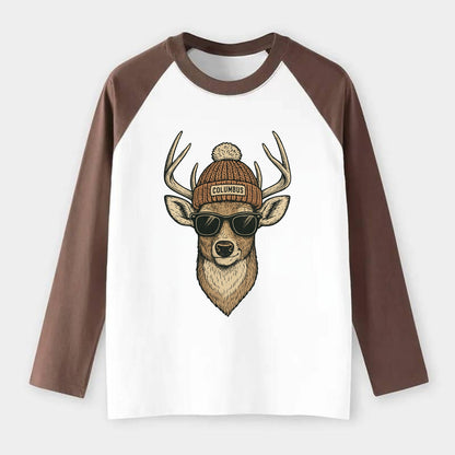 Ohio White-tailed Deer wearing Columbus beanie with pom pom and - Raglan Long Sleeve T-Shirt - Coffee