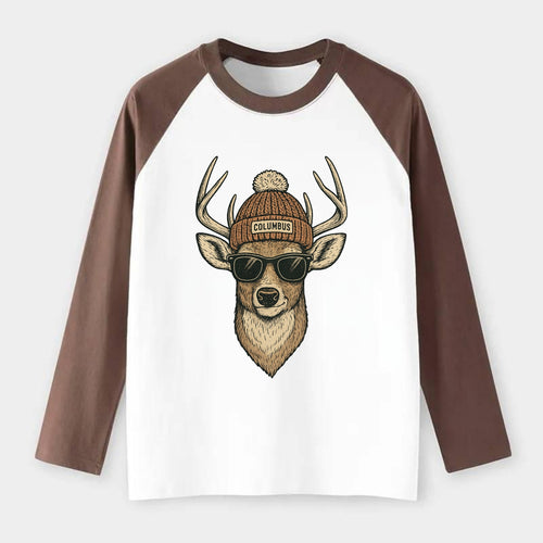 Ohio White-tailed Deer wearing Columbus beanie with pom pom and - Raglan Long Sleeve T-Shirt