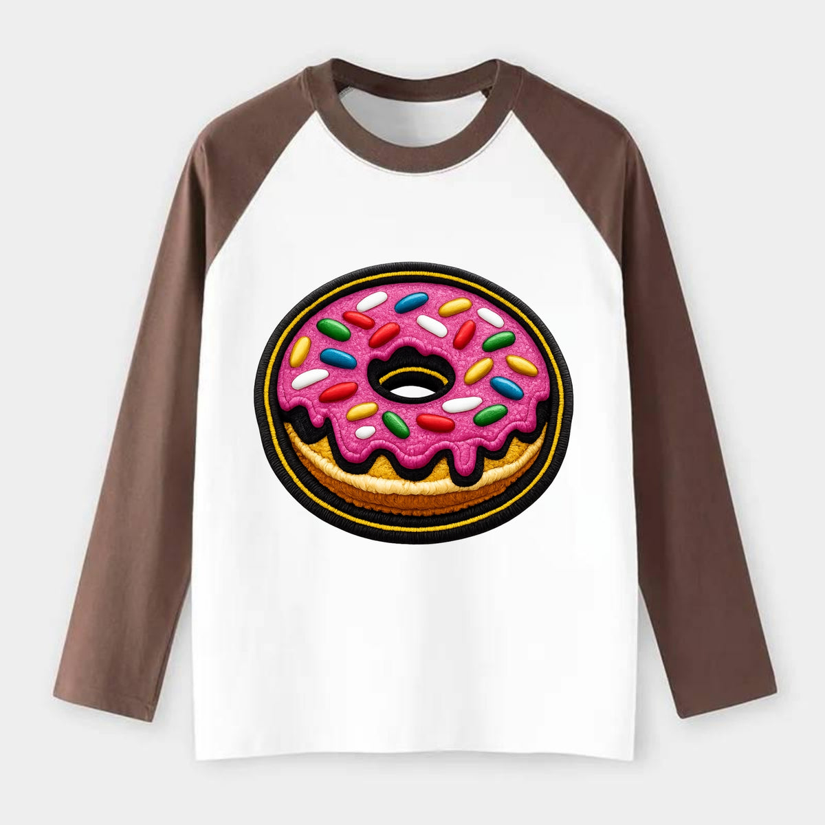 DONUT SPRINKLES - glazed donut with sprinkles in pink and rainbow , - Raglan Long Sleeve T-Shirt - Coffee