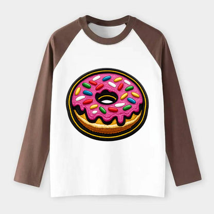 DONUT SPRINKLES - glazed donut with sprinkles in pink and rainbow , - Raglan Long Sleeve T-Shirt - Coffee