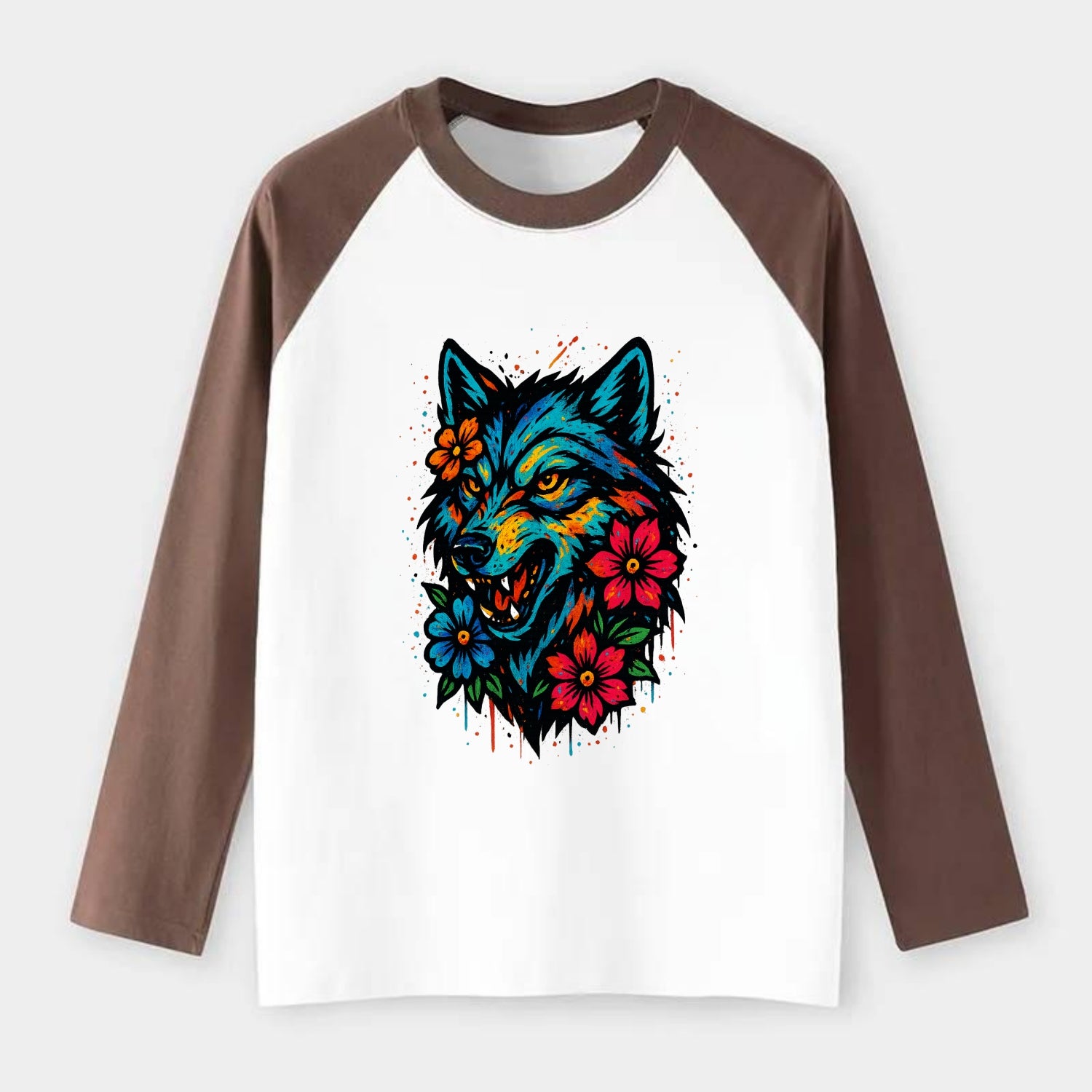Floral Wolf Garden  - Raglan Long Sleeve T-Shirt - Coffee