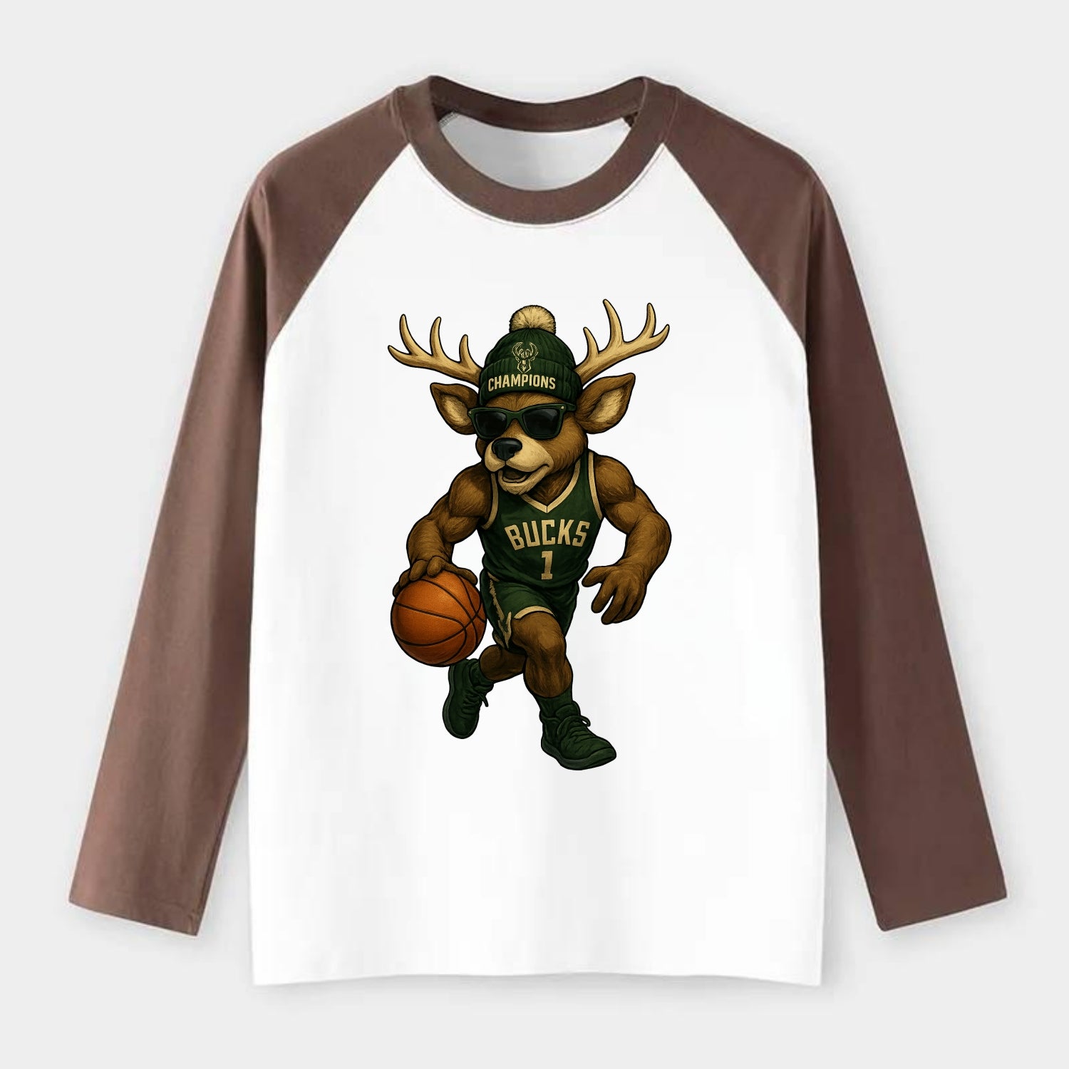 Milwaukee Buck Deer wearing Bucks green and cream beanie with antlers - Raglan Long Sleeve T-Shirt - Coffee