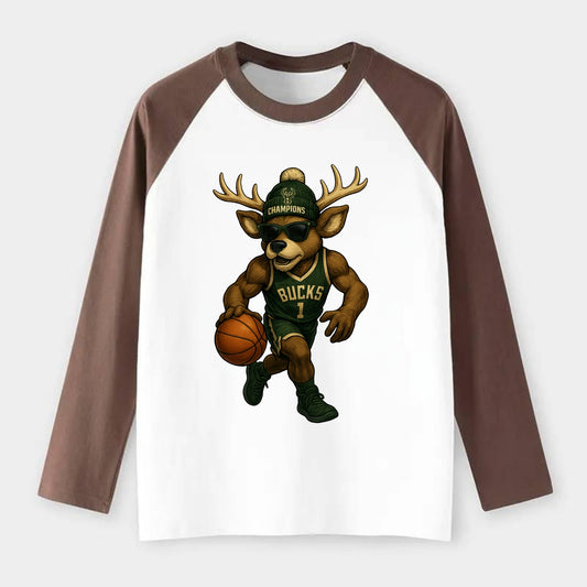 Milwaukee Buck Deer wearing Bucks green and cream beanie with antlers - Raglan Long Sleeve T-Shirt - Coffee