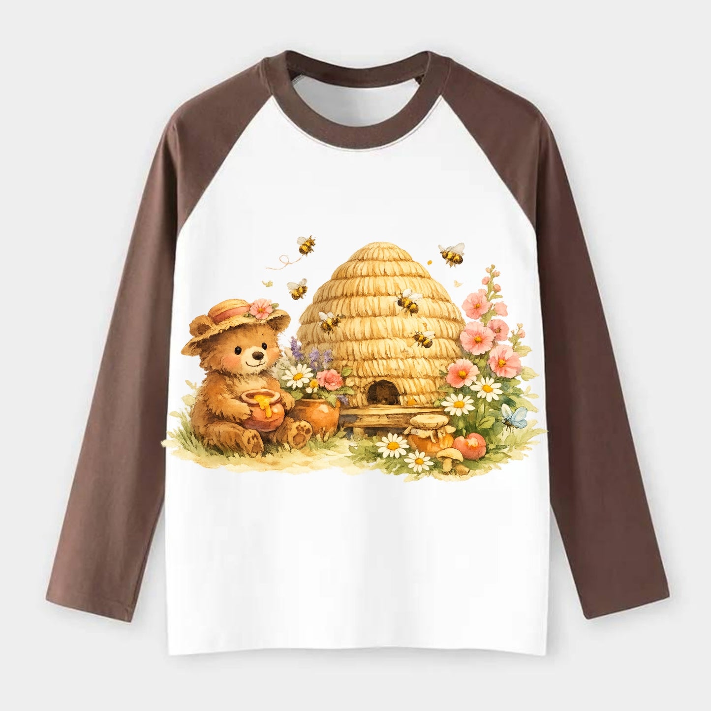 SKEP HIVE | Traditional straw beehive | Cottage garden setting | - Raglan Long Sleeve T-Shirt - Coffee