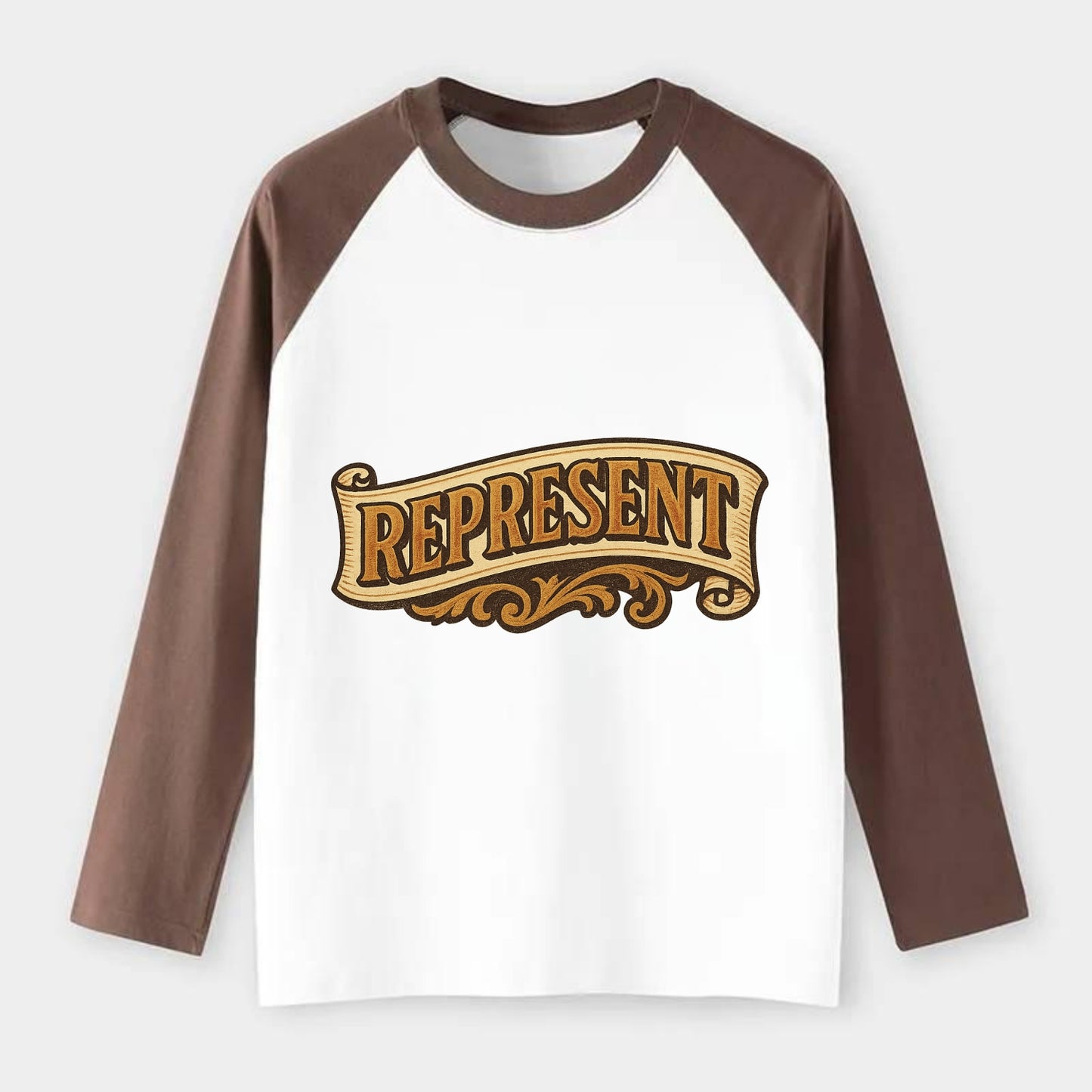 Bold typography design - "REPRESENT" - showing where you from - Raglan Long Sleeve T-Shirt - Coffee