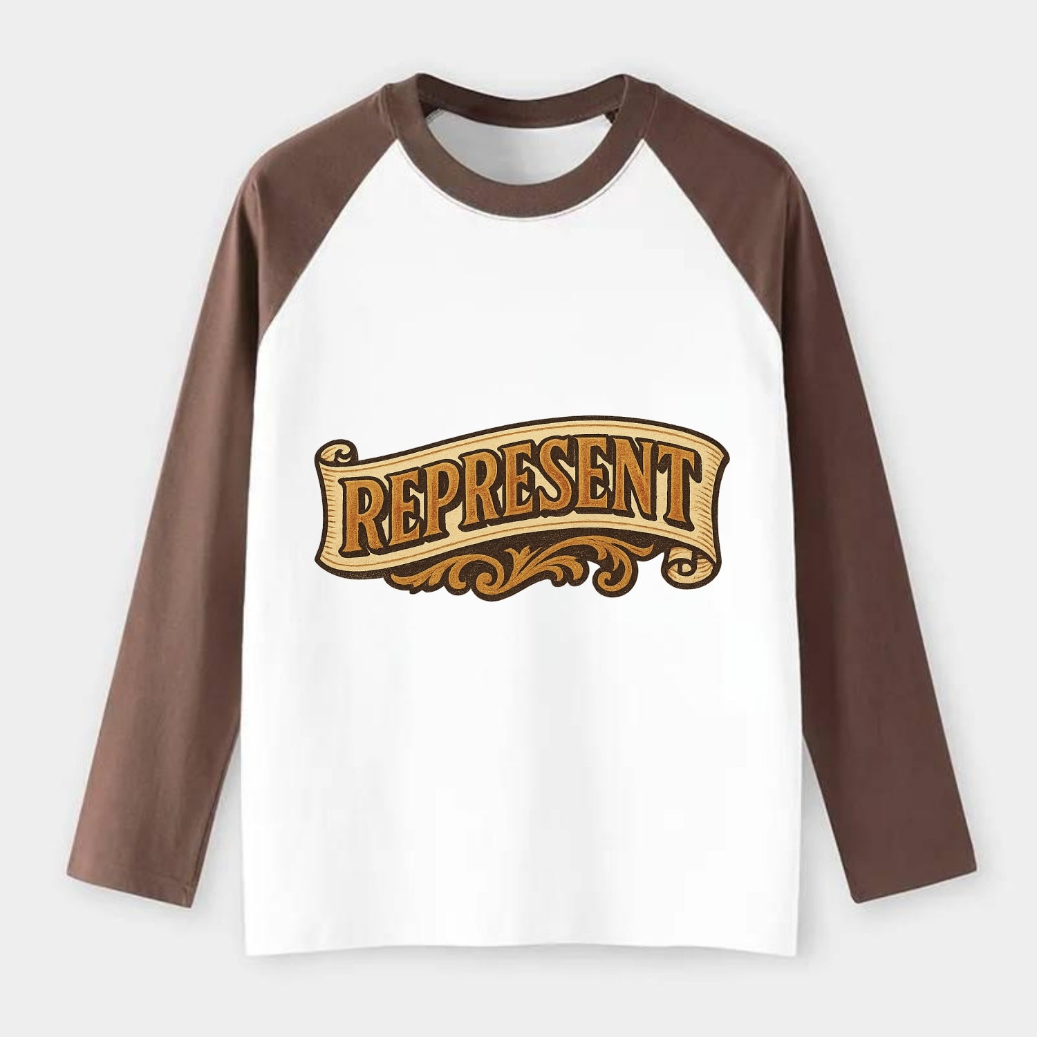 Bold typography design - "REPRESENT" - showing where you from - Raglan Long Sleeve T-Shirt - Coffee