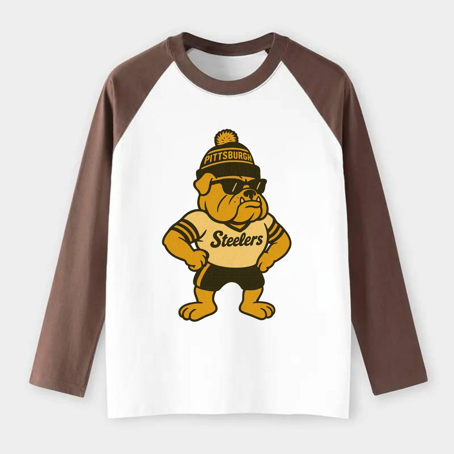 Pittsburgh Bulldog wearing Steelers black and gold beanie with pom pom - Raglan Long Sleeve T-Shirt - Coffee