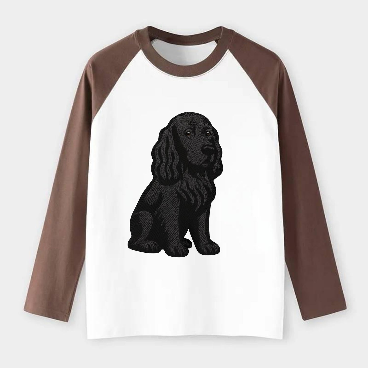 Field Spaniel - Black silky coat embroidered pose - Raglan Long Sleeve T-Shirt - Coffee