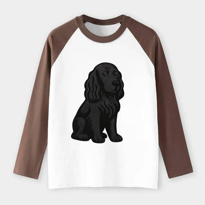 Field Spaniel - Black silky coat embroidered pose - Raglan Long Sleeve T-Shirt - Coffee