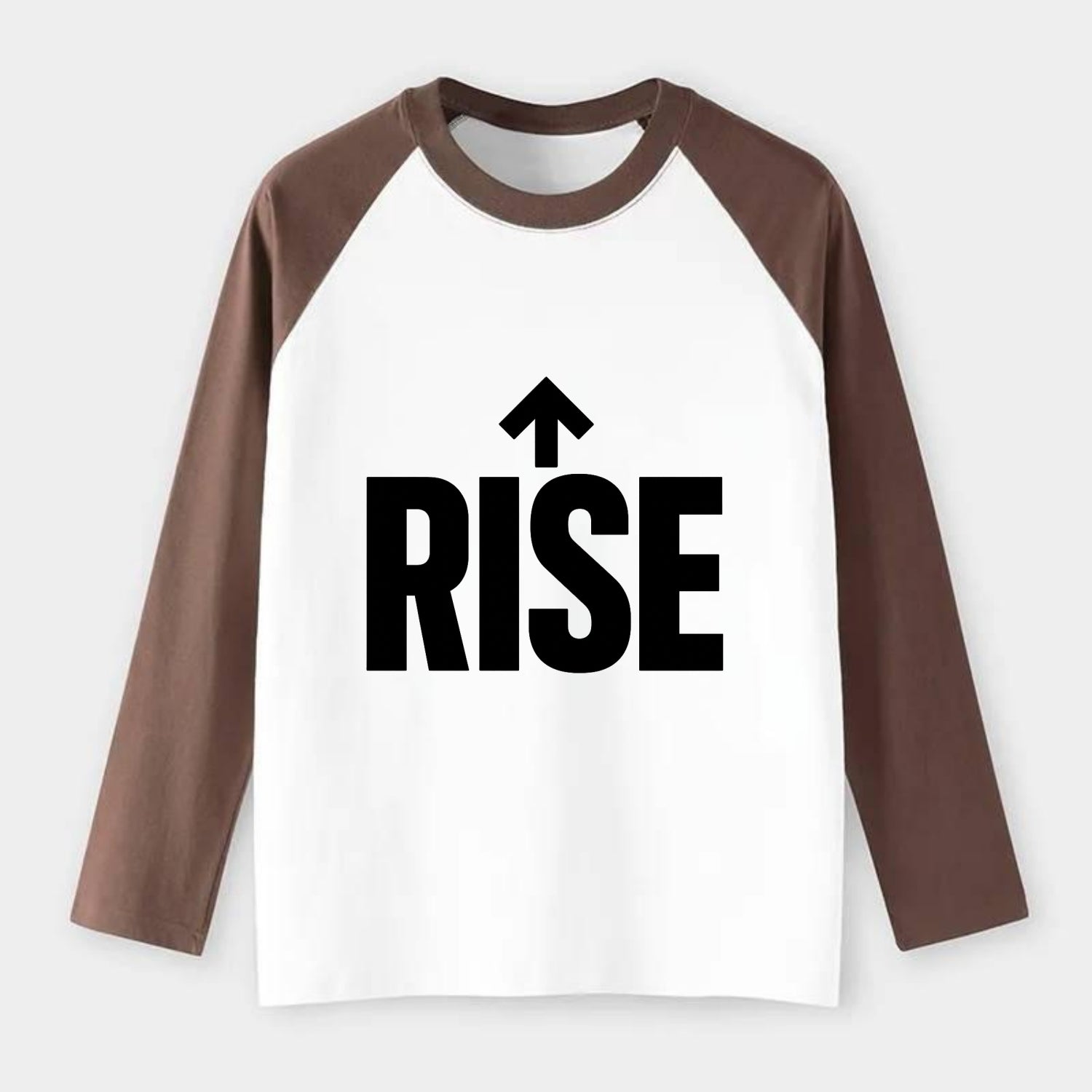 Bold typography design - "RISE" - getting up, ascending, elevating - Raglan Long Sleeve T-Shirt - Coffee