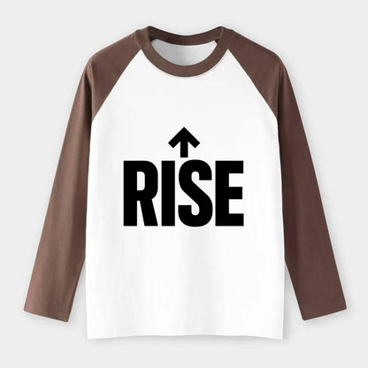 Bold typography design - "RISE" - getting up, ascending, elevating - Raglan Long Sleeve T-Shirt - Coffee