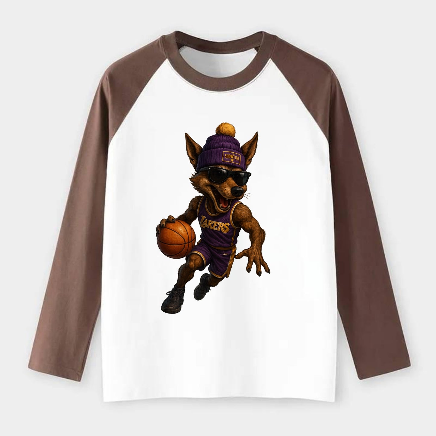 Hollywood Coyote wearing Lakers beanie with Showtime patch and - Raglan Long Sleeve T-Shirt - Coffee