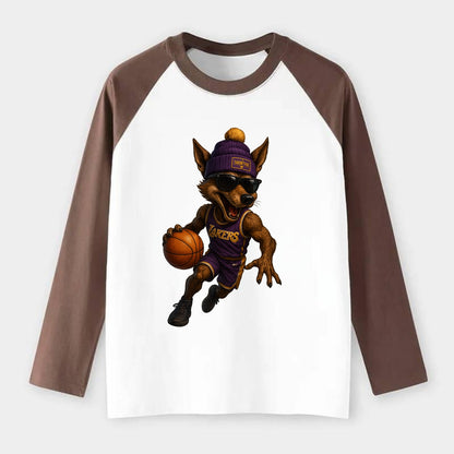 Hollywood Coyote wearing Lakers beanie with Showtime patch and - Raglan Long Sleeve T-Shirt - Coffee