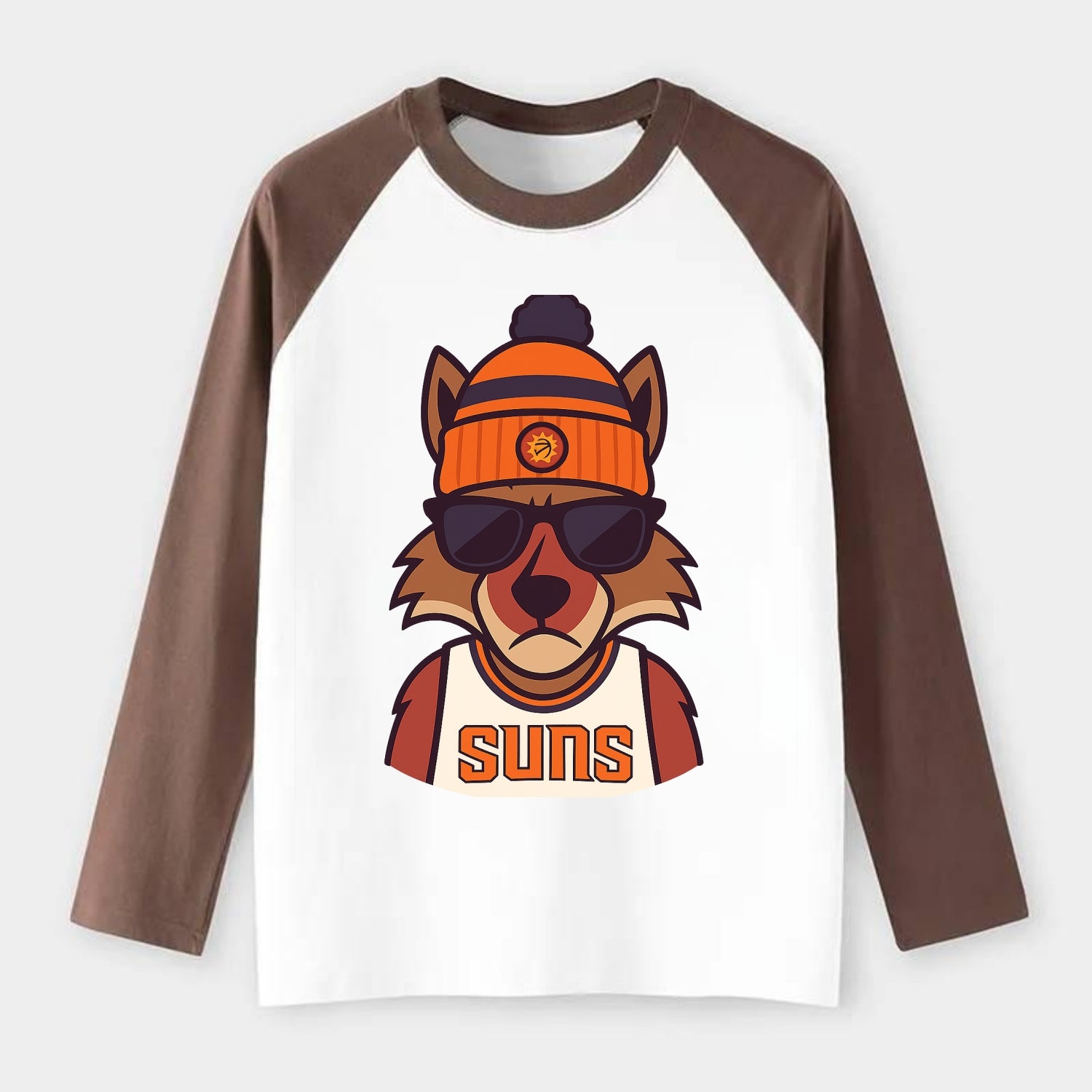 Arizona Coyote wearing Suns beanie with desert sun patch and wayfarer - Raglan Long Sleeve T-Shirt - Coffee