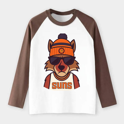 Arizona Coyote wearing Suns beanie with desert sun patch and wayfarer - Raglan Long Sleeve T-Shirt - Coffee
