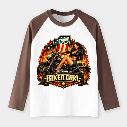 Vintage Biker Pin Up - Raglan Long Sleeve T-Shirt - Coffee