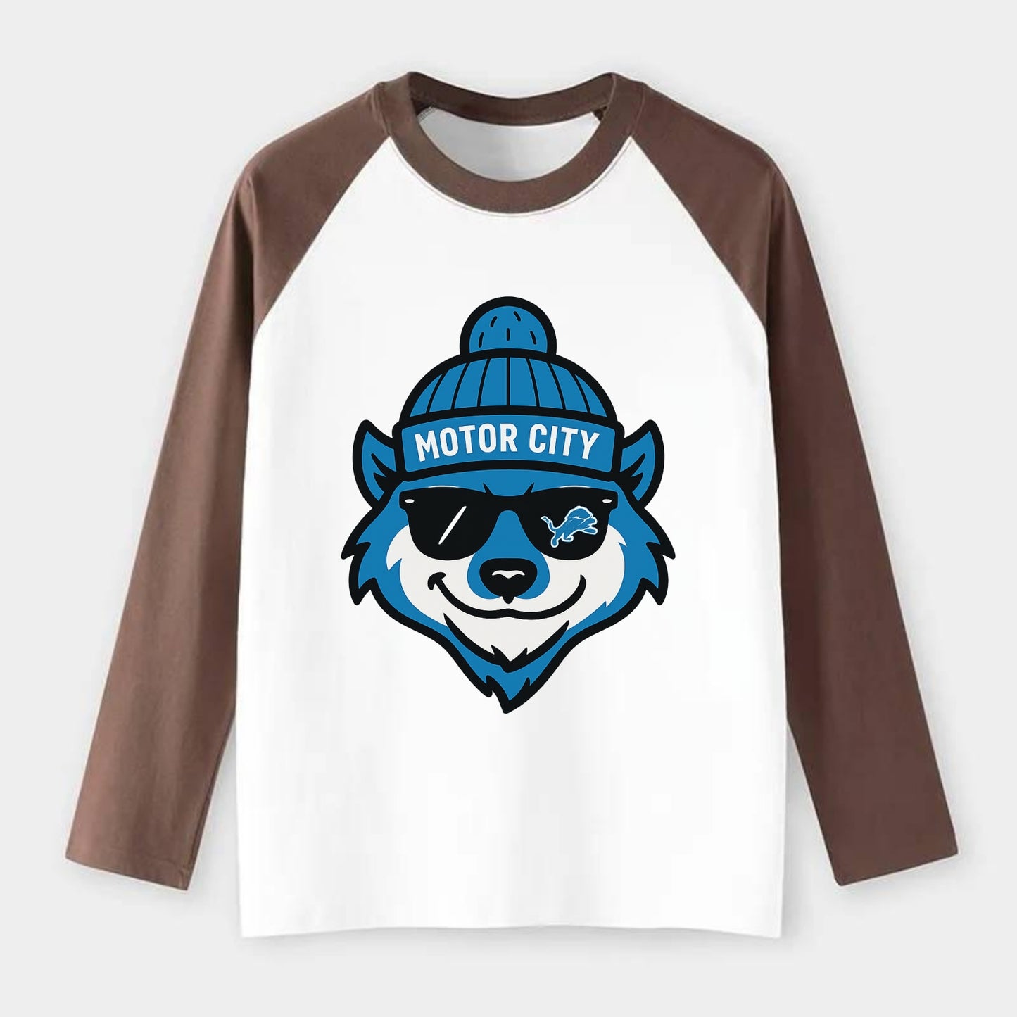 Motor City Wolverine wearing Lions beanie with gear patch and wayfarer - Raglan Long Sleeve T-Shirt - Coffee