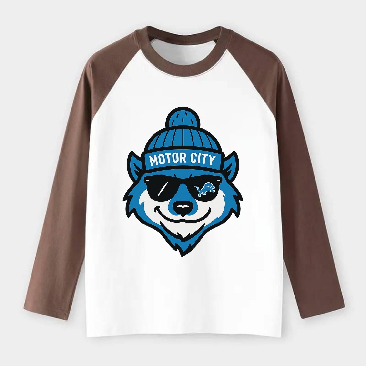 Motor City Wolverine wearing Lions beanie with gear patch and wayfarer - Raglan Long Sleeve T-Shirt - Coffee