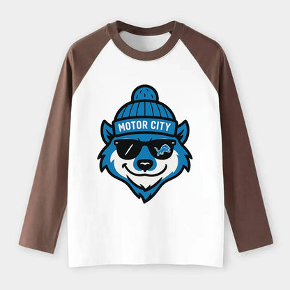 Motor City Wolverine wearing Lions beanie with gear patch and wayfarer - Raglan Long Sleeve T-Shirt - Coffee