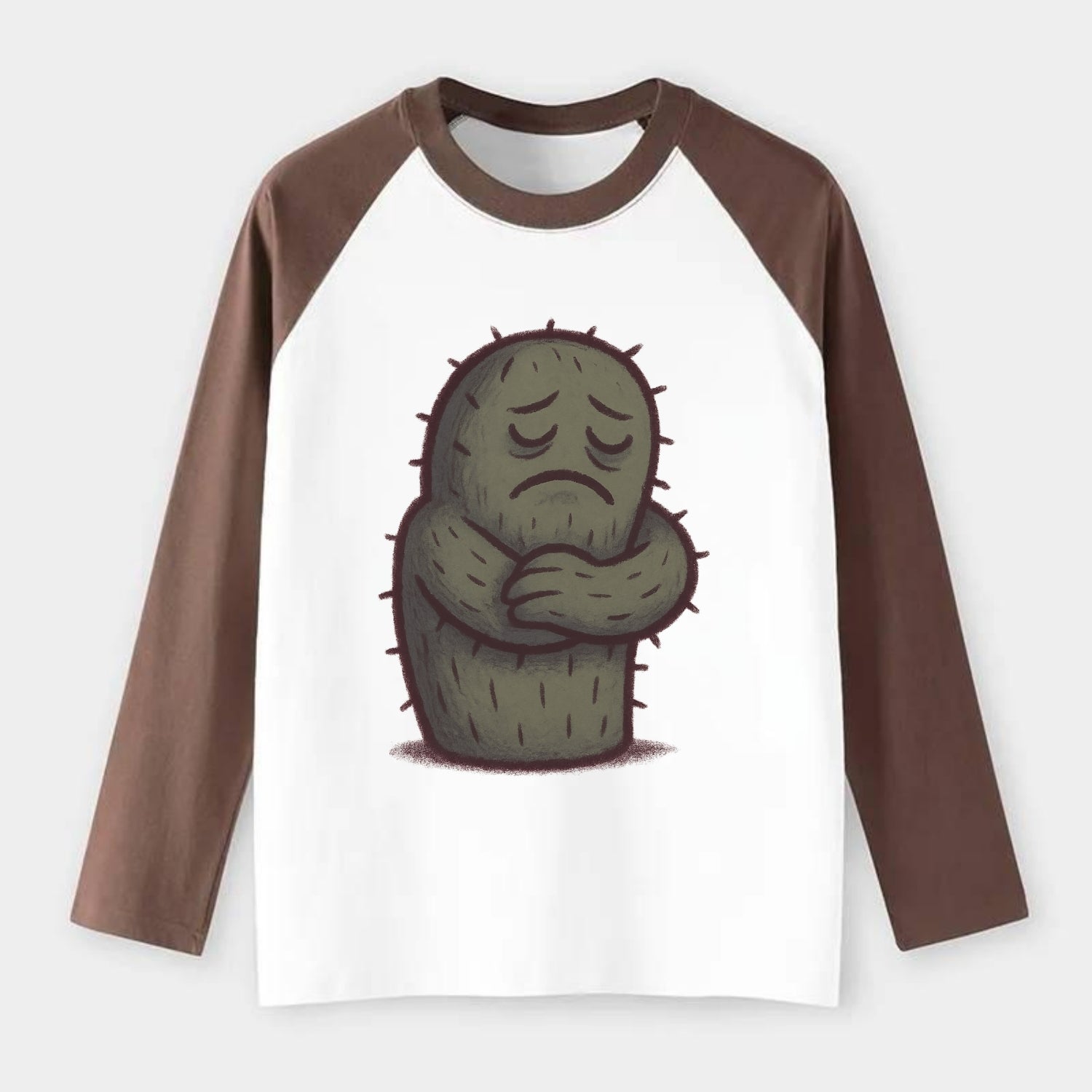 SINGLE IS VALID | Content cactus hugging itself - - Raglan Long Sleeve T-Shirt - Coffee