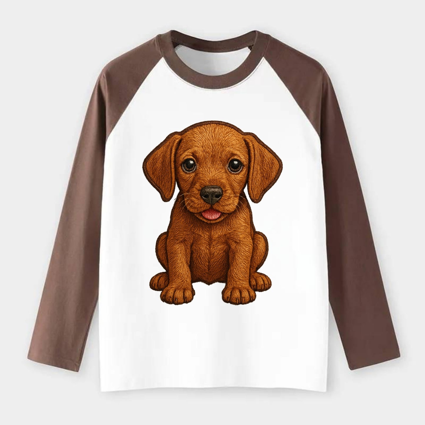 Baby Vizsla Puppy - golden rust coat, soulful eyes, athletic build, - Raglan Long Sleeve T-Shirt - Coffee