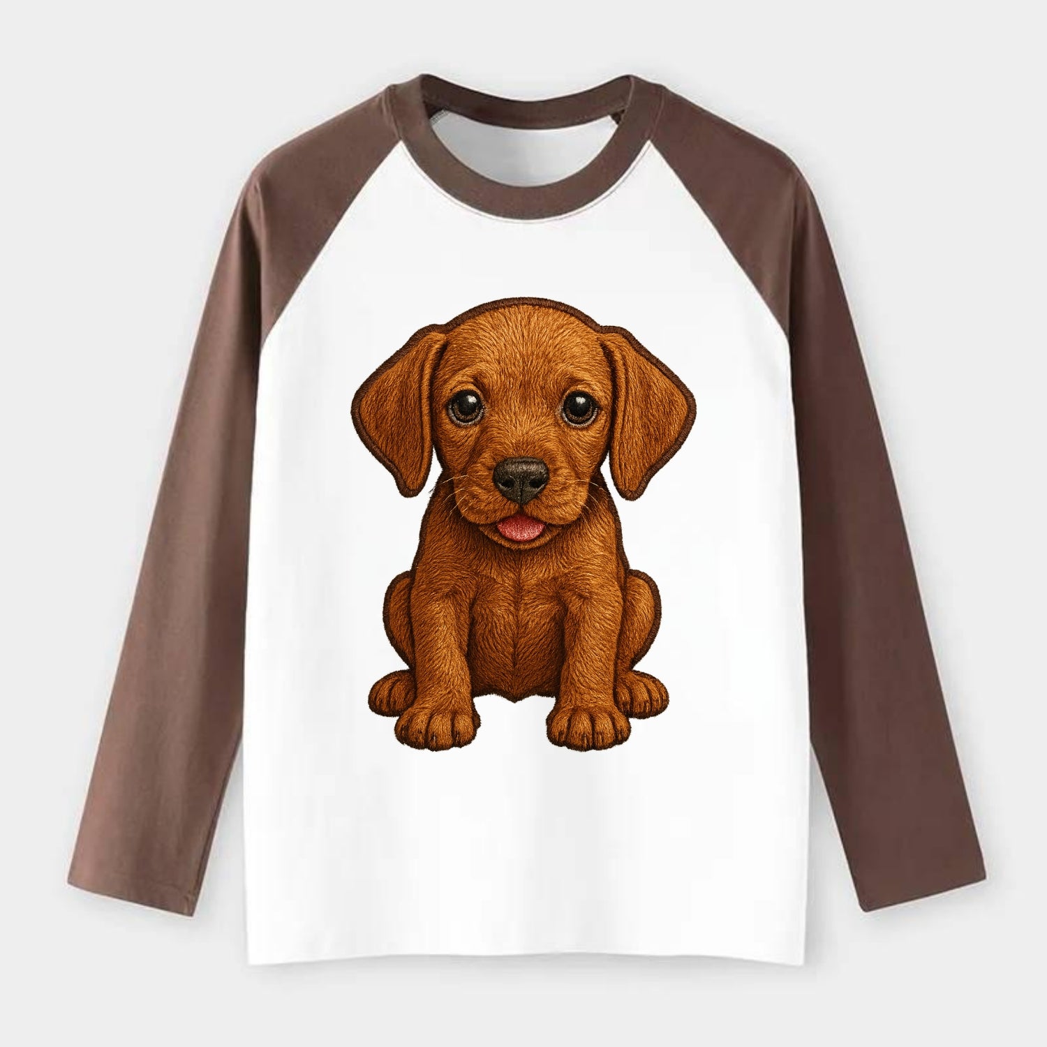 Baby Vizsla Puppy - golden rust coat, soulful eyes, athletic build, - Raglan Long Sleeve T-Shirt - Coffee