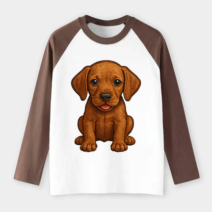 Baby Vizsla Puppy - golden rust coat, soulful eyes, athletic build, - Raglan Long Sleeve T-Shirt - Coffee