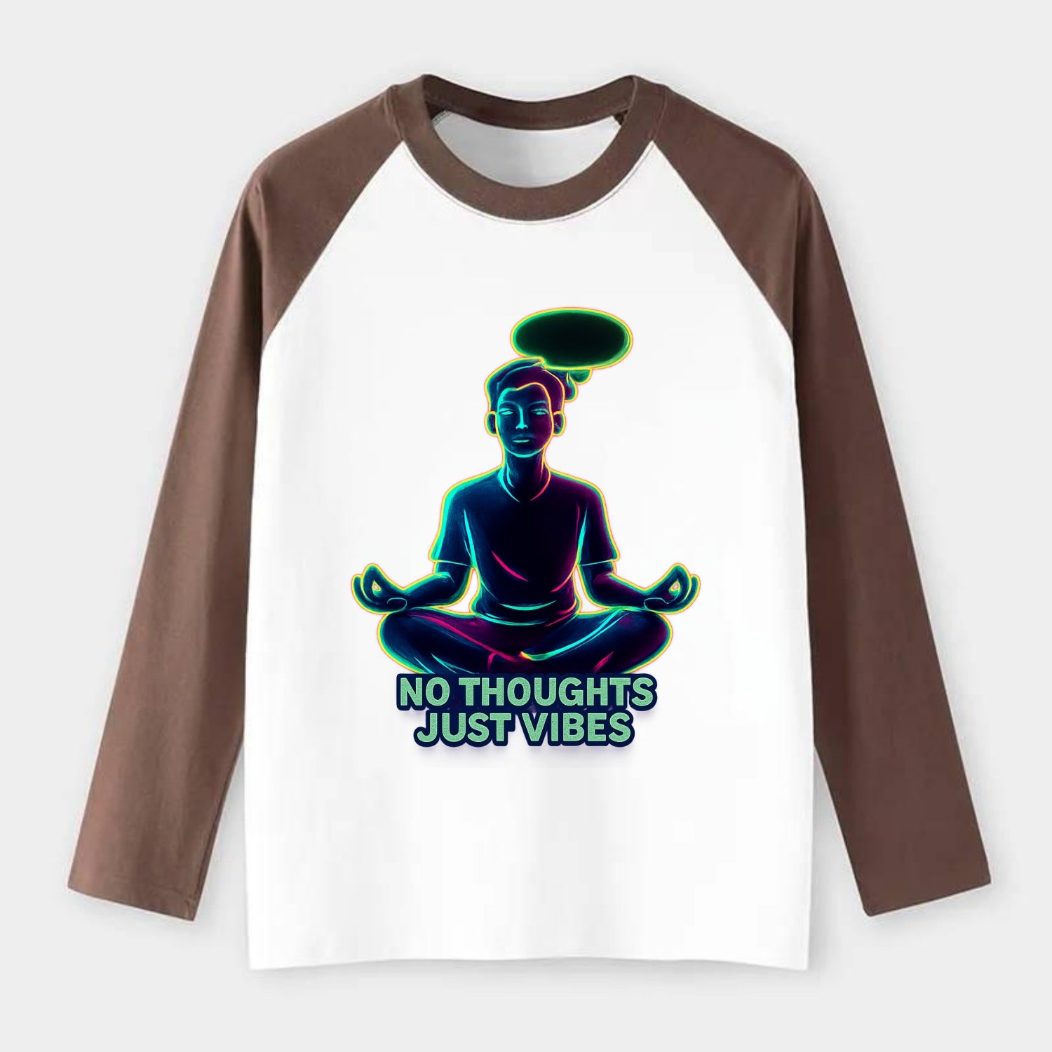 Peaceful floating figure with empty thought bubble - "no thoughts just - Raglan Long Sleeve T-Shirt - Coffee