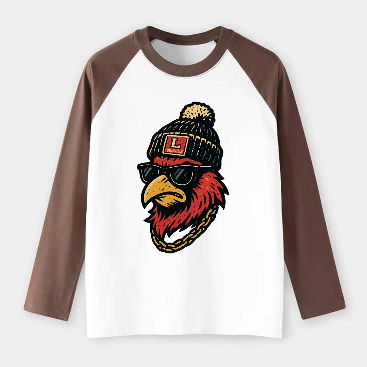 Louisville Cardinal wearing Louisville beanie with L patch - Raglan Long Sleeve T-Shirt - Coffee