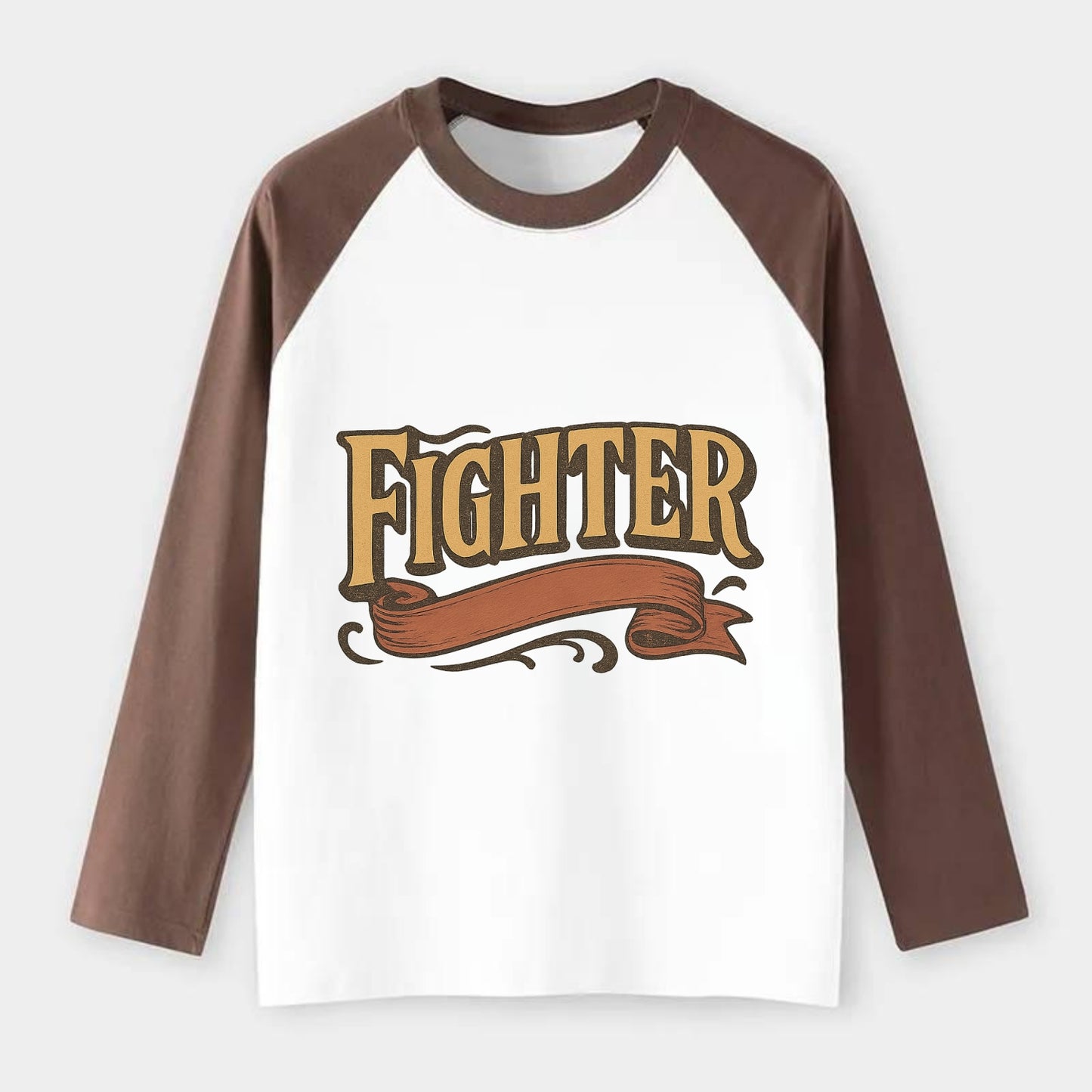 Bold typography design - "FIGHTER" - never giving up, battling on - Raglan Long Sleeve T-Shirt - Coffee