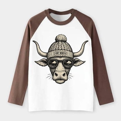 Fort Worth Longhorn wearing Fort Worth beanie with pom pom and - Raglan Long Sleeve T-Shirt - Coffee