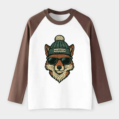 Delaware Gray Fox wearing Wilmington beanie with pom pom and wayfarer - Raglan Long Sleeve T-Shirt - Coffee