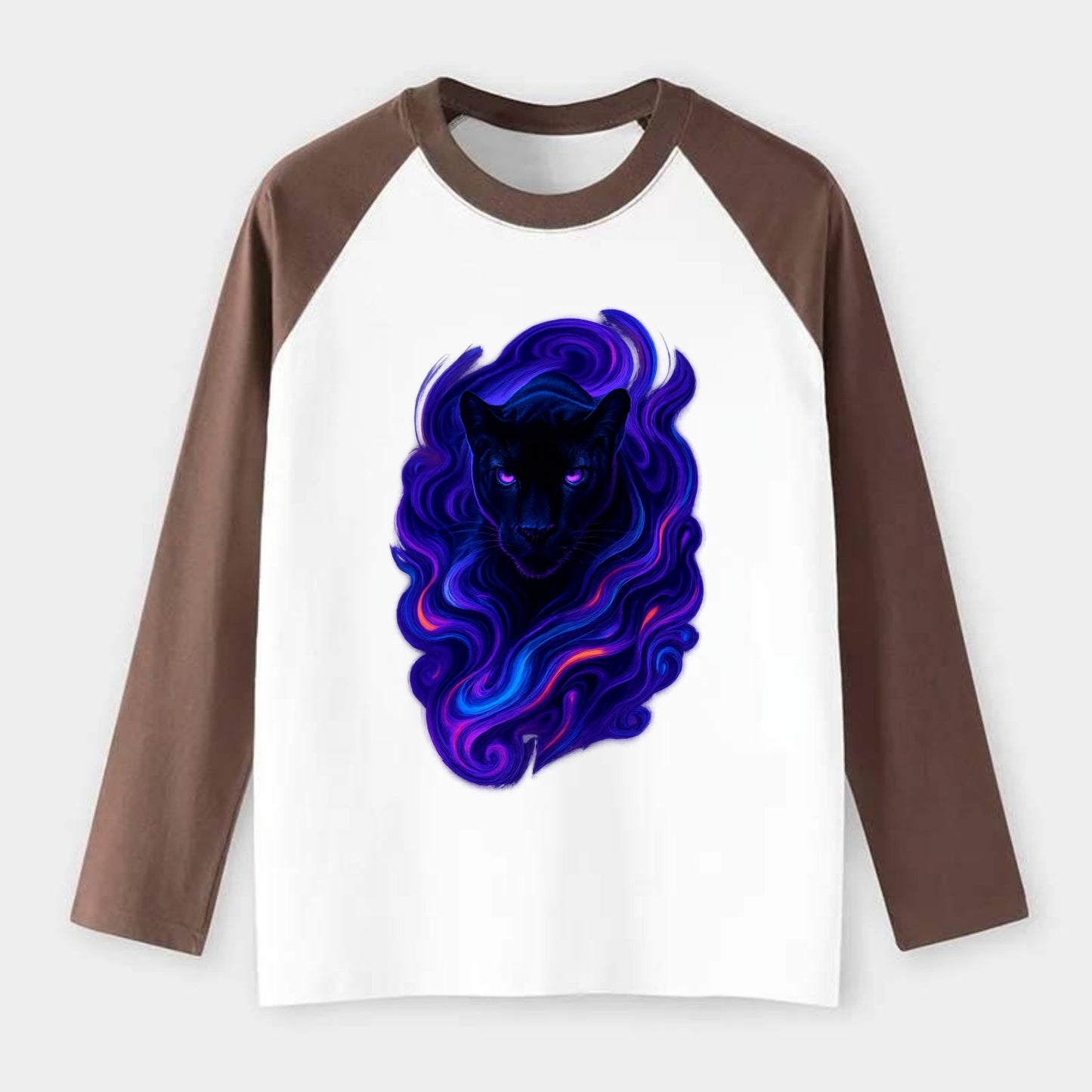 Sleek black panther emerging from swirls of deep purple and electric - Raglan Long Sleeve T-Shirt - Coffee