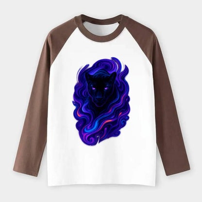 Sleek black panther emerging from swirls of deep purple and electric - Raglan Long Sleeve T-Shirt - Coffee