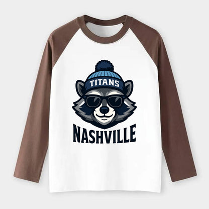 Nashville Raccoon wearing Titans navy and light blue beanie with pom - Raglan Long Sleeve T-Shirt - Coffee