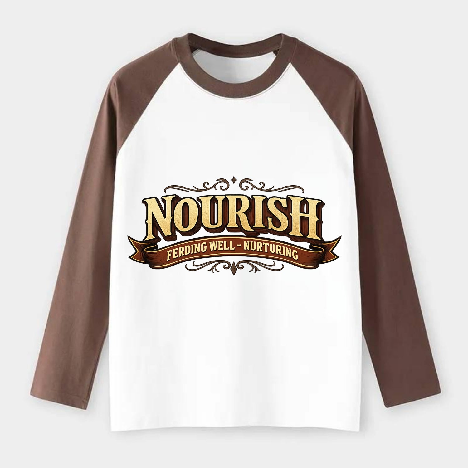 Bold typography design - "NOURISH" - feeding well, nurturing - Raglan Long Sleeve T-Shirt - Coffee