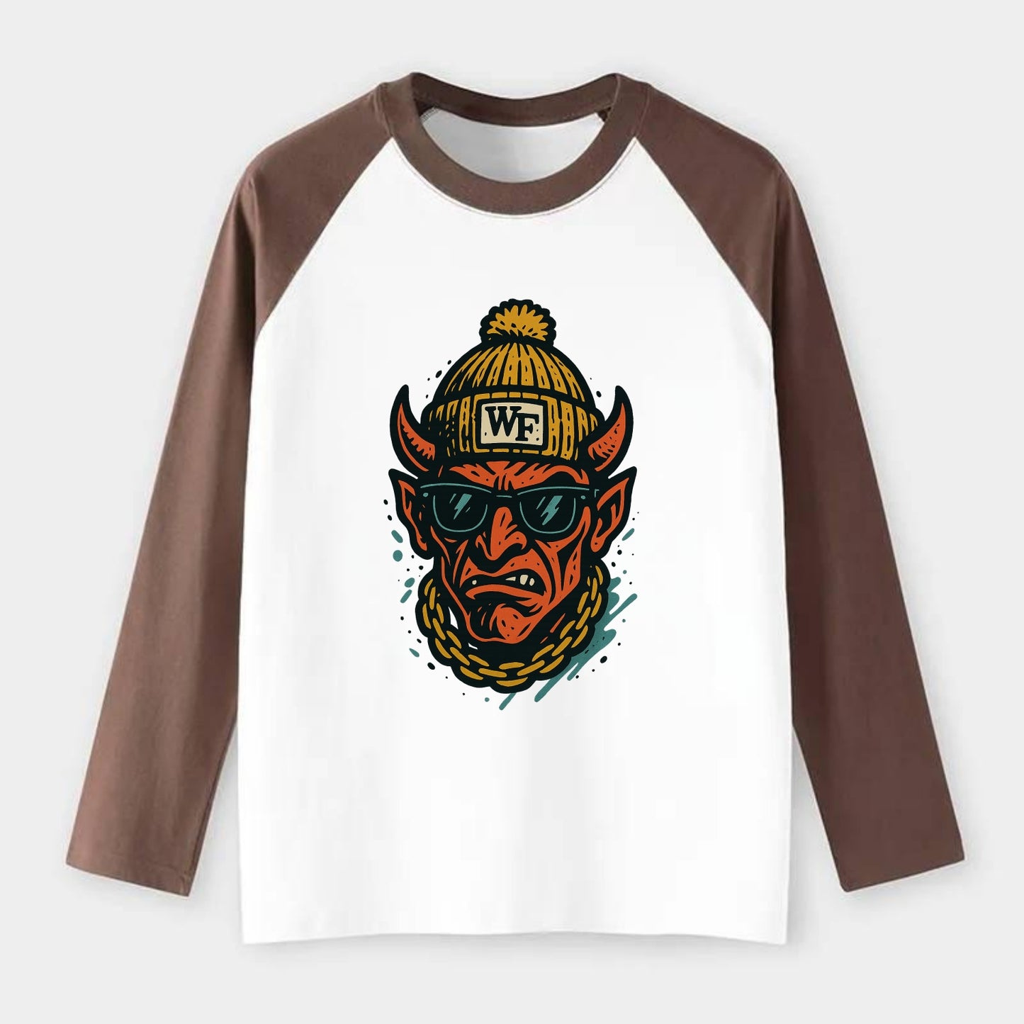 Winston-Salem Demon wearing Wake Forest beanie with WF patch - Raglan Long Sleeve T-Shirt - Coffee