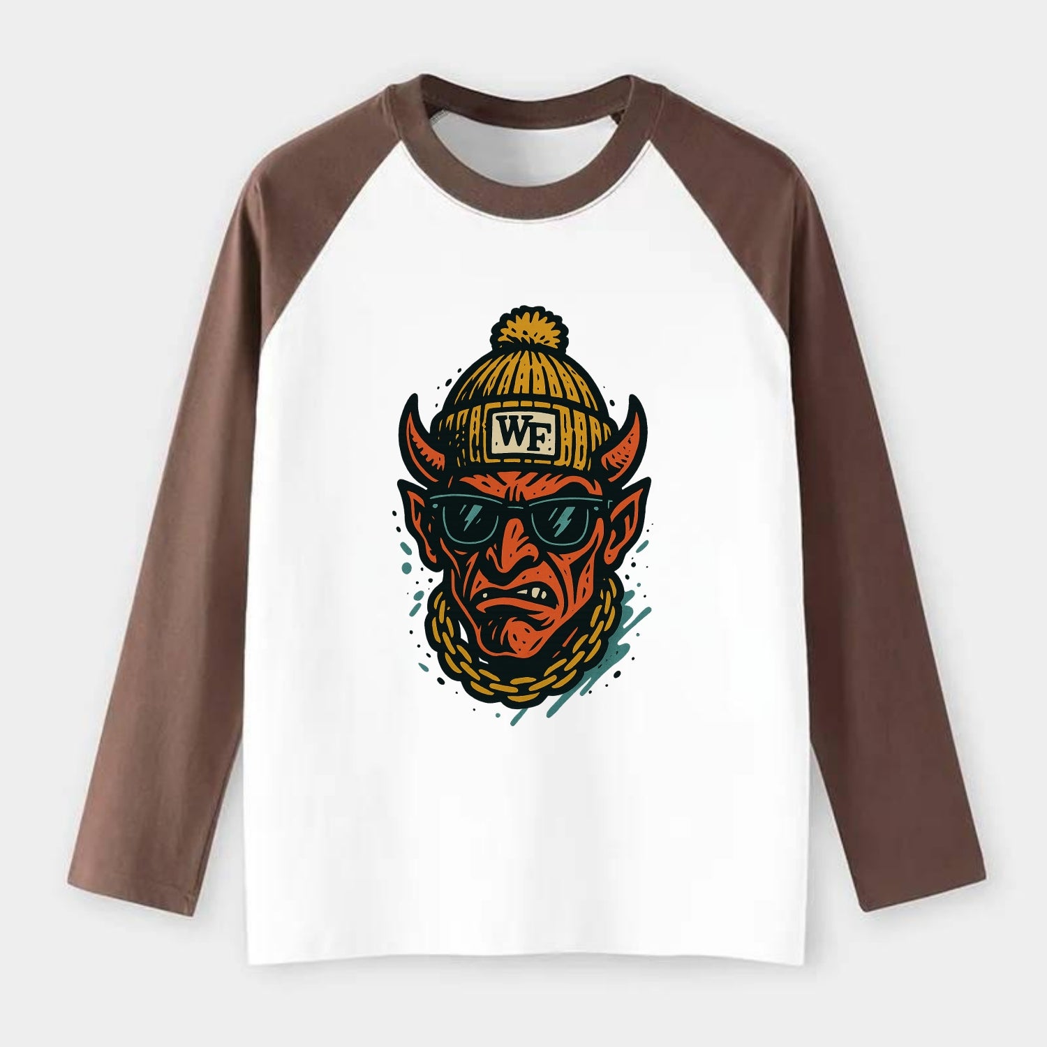 Winston-Salem Demon wearing Wake Forest beanie with WF patch - Raglan Long Sleeve T-Shirt - Coffee