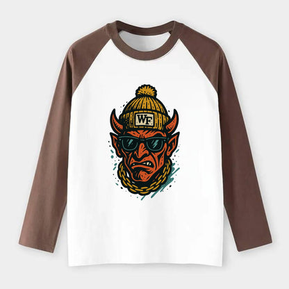 Winston-Salem Demon wearing Wake Forest beanie with WF patch - Raglan Long Sleeve T-Shirt - Coffee